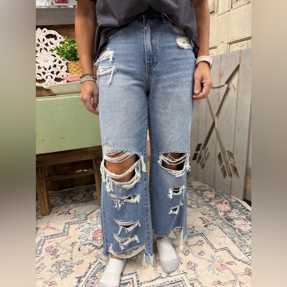 Flying Monkey Distressed High Rise Wide Leg Denim Jeans Light Wash Trendy Casual